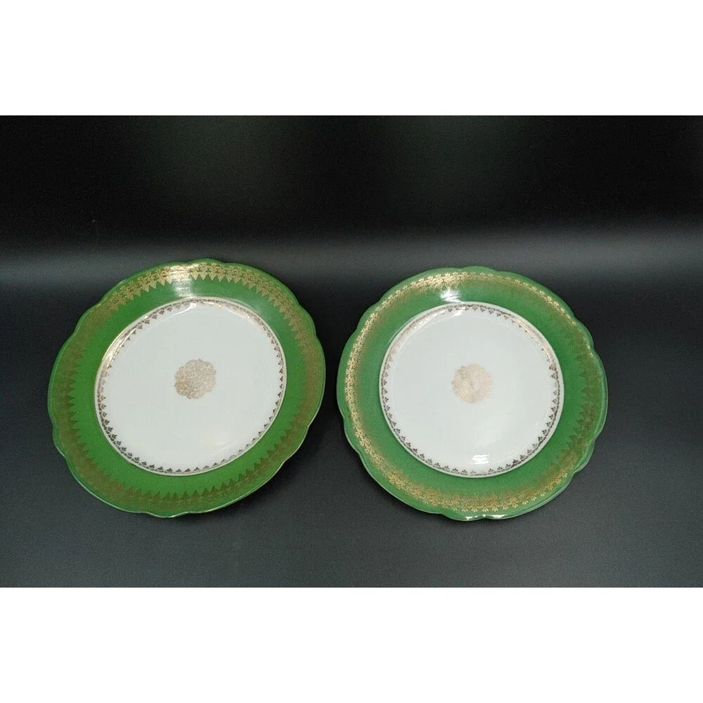 Pair 2 Vintage John Wanamaker & Co Austria Scalloped Edge Plate Green Gold 7.5